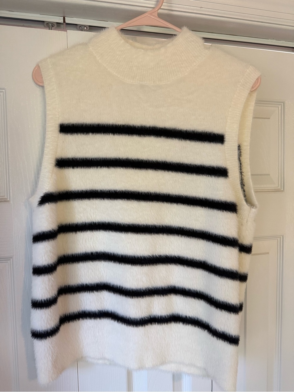 Bailey 44 Cream Sleeveless Mock Neck Sweater with Black Stripes